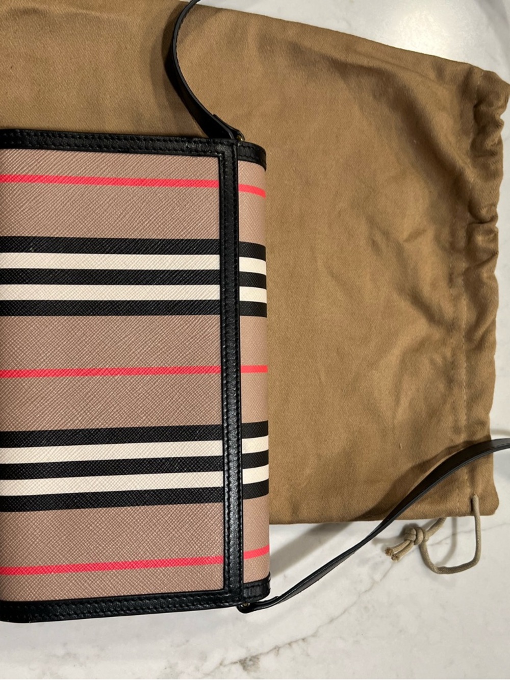 Burberry Hannah Wallet Beige Striped Crossbody Bag with Black Trim & Red Accents - Picture 8 of 11